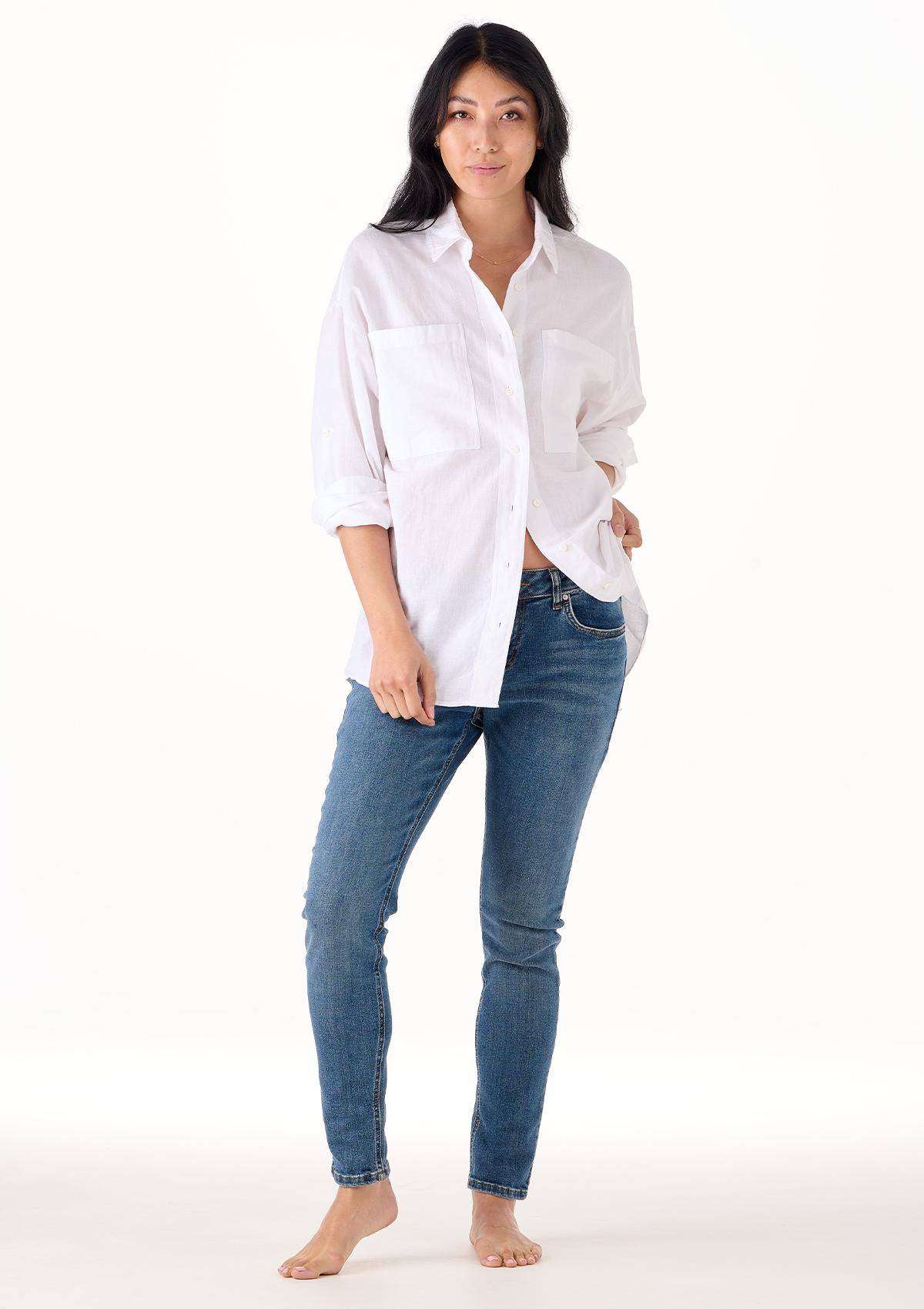 LTB Mika Blue Echo Boyfriend Jean — full body front view, styled with white shirt, women's slim boyfriend jean