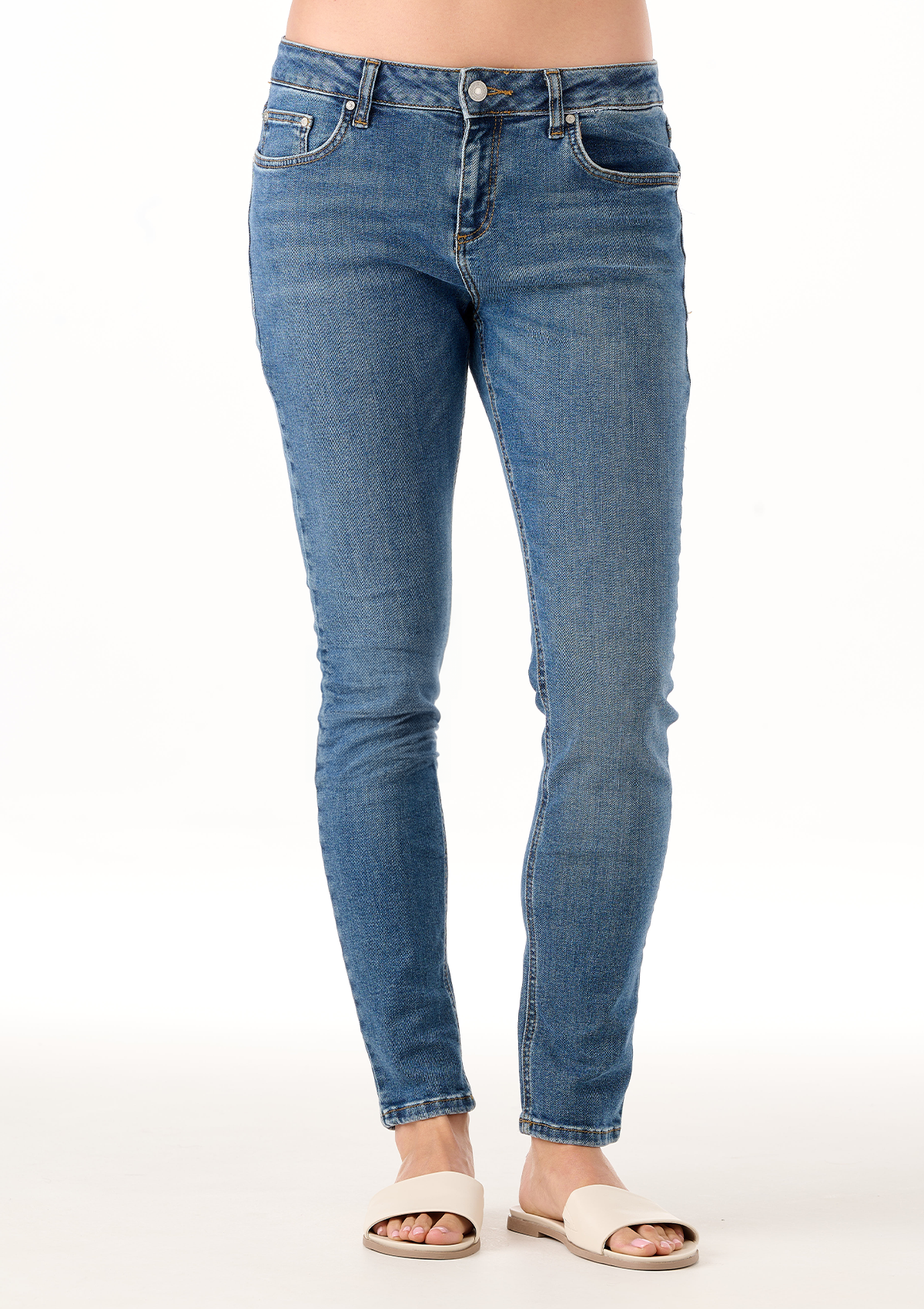 LTB Mika Blue Echo Boyfriend Jean — half body front view, styled lifestyle shot, women's slim boyfriend jean
