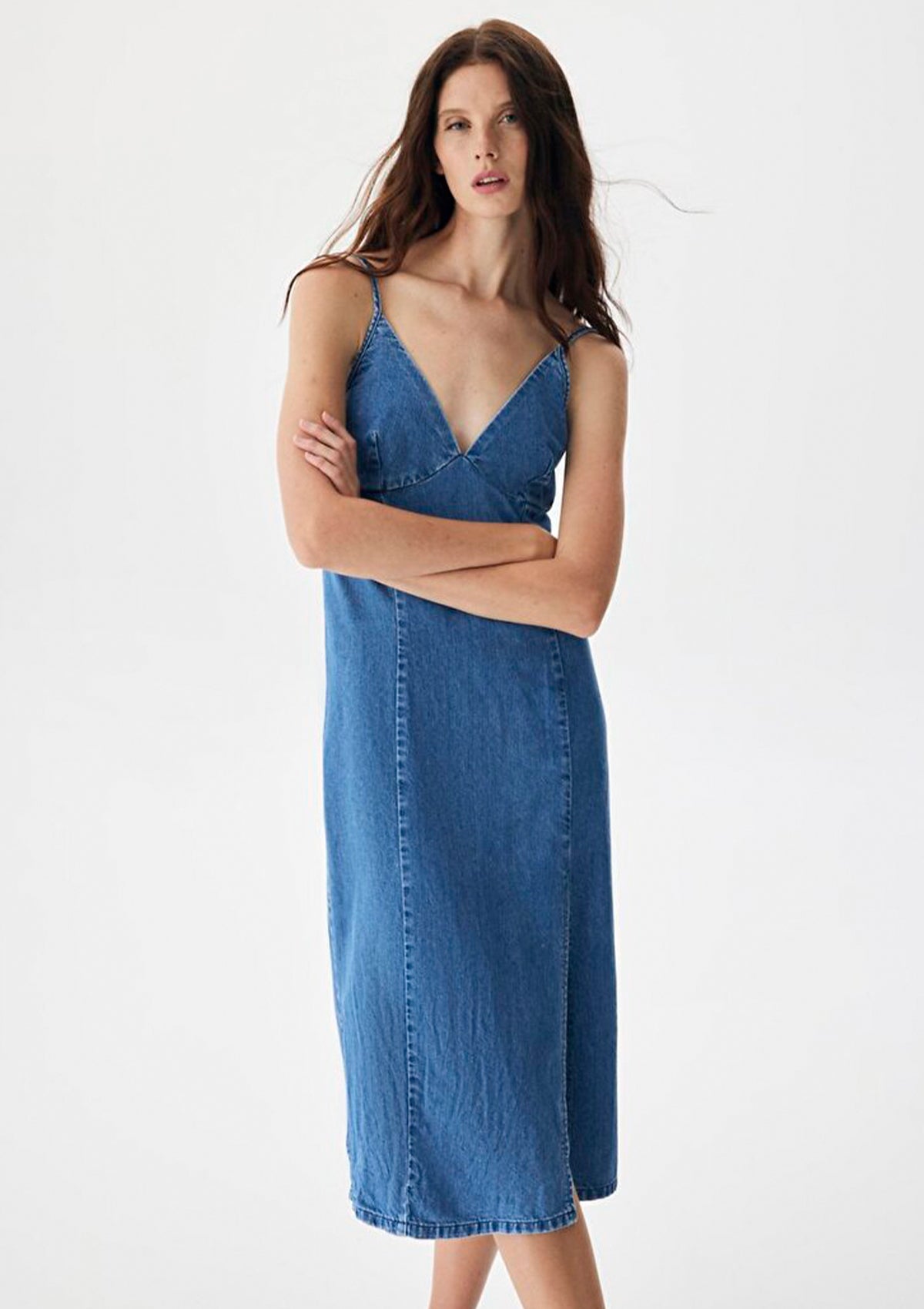 Vianca Olesia Long Sleeveless Slit Jean Dress