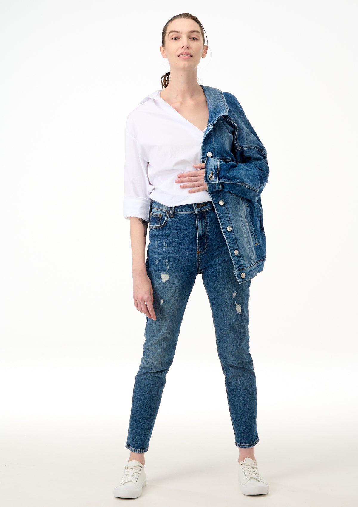 LTB Freya Runa High Rise Slim Jean — full body front facing image with model holding LTB Monalis denim jacket over her shoulder