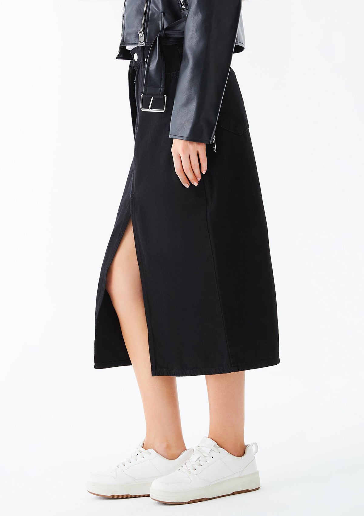 Irene Black Slit Midi Jean Skirt
