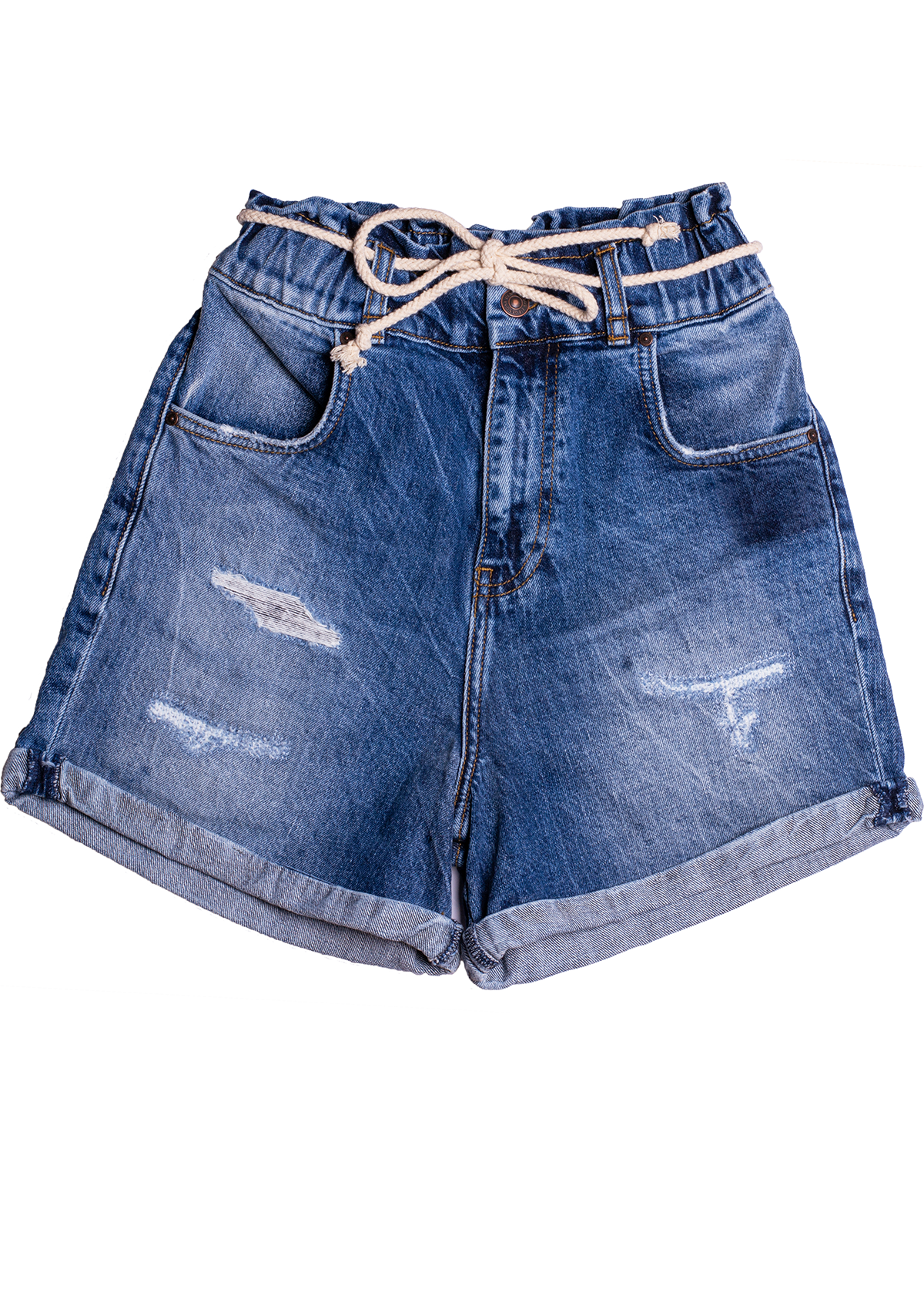 LTB Molina Aldona Denim Short — front flatlay showing mid blue denim wash and paperbag waistband detail