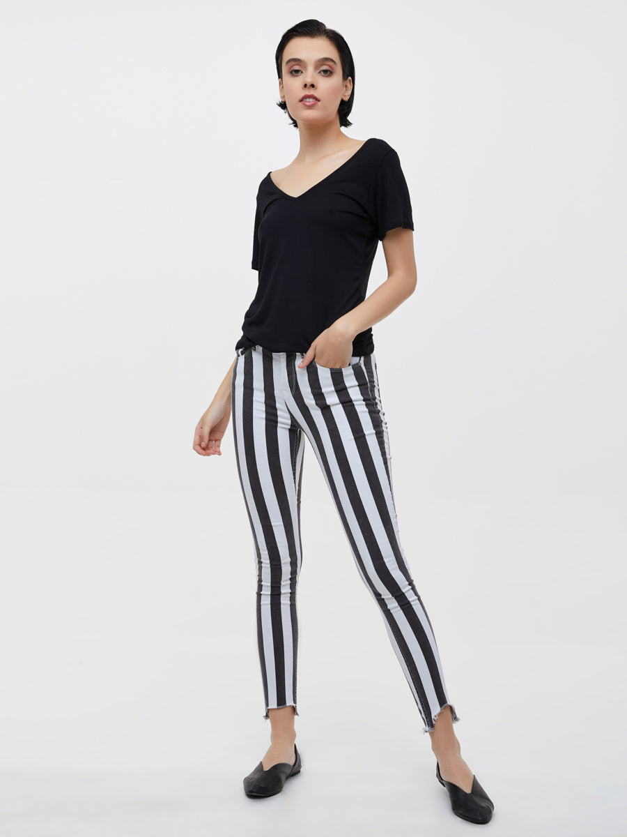 Tanya X Striped Black High Rise Skinny Jean