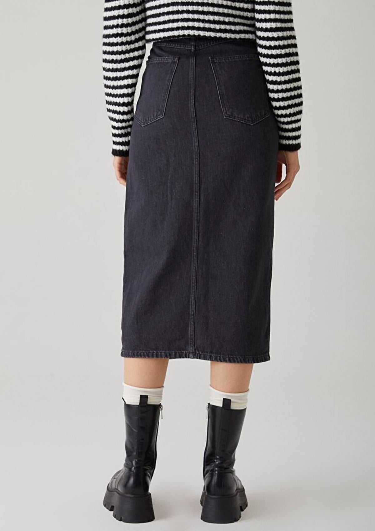 Irene Black High Waist Slit Midi Jean Skirt