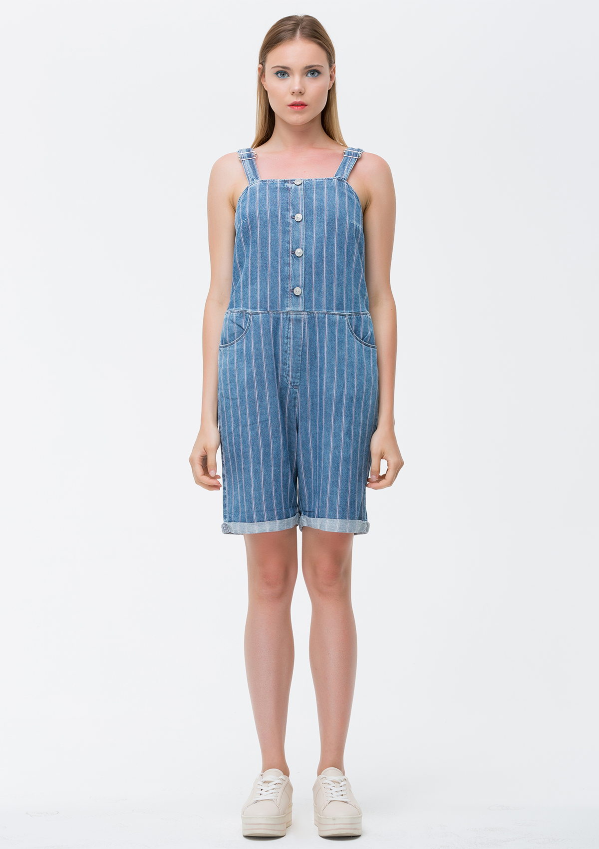 Eldia Striped Denim Playsuit – Pink
